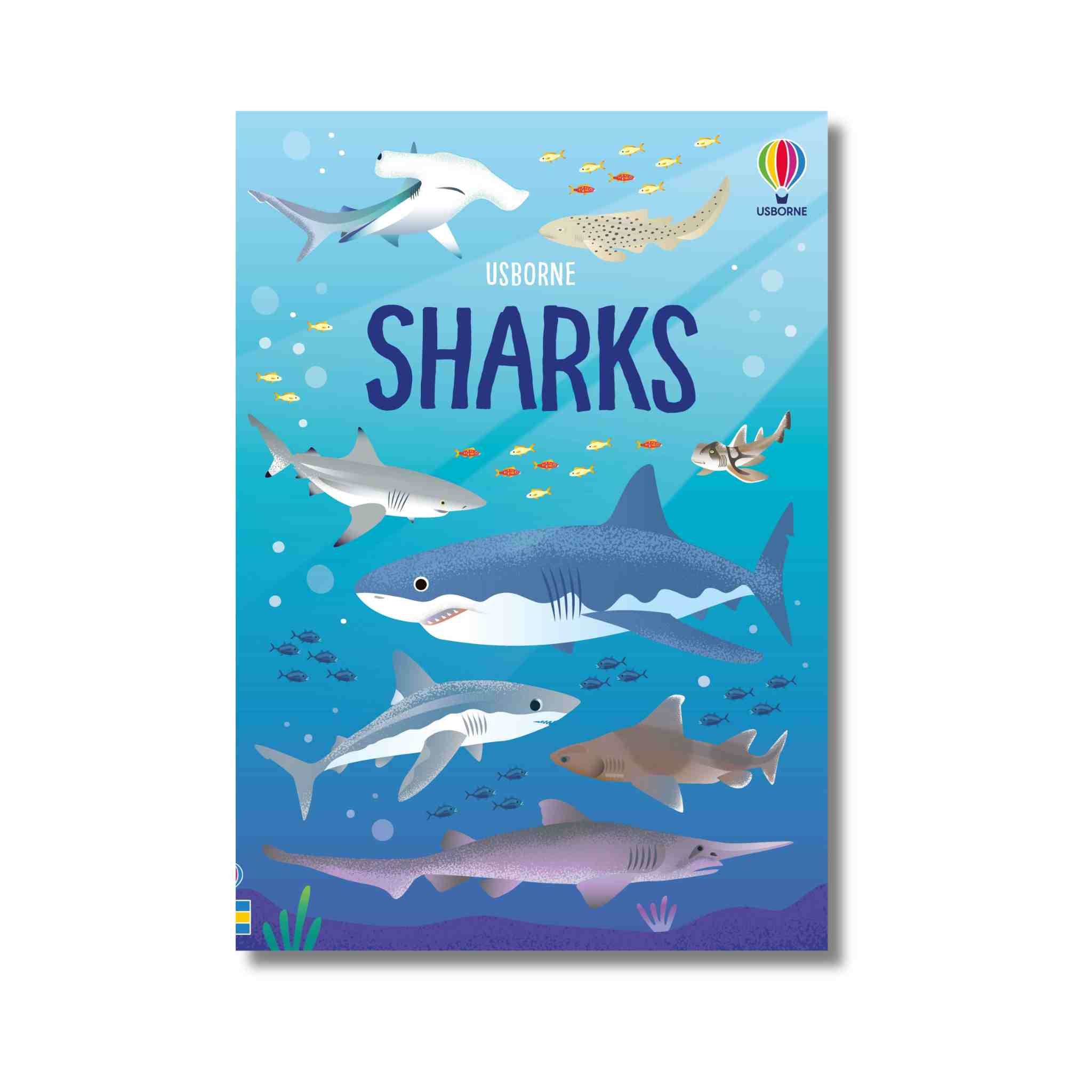 Book cover of 'Sharks' by Usborne with illustrations of various sharks on a blue background.