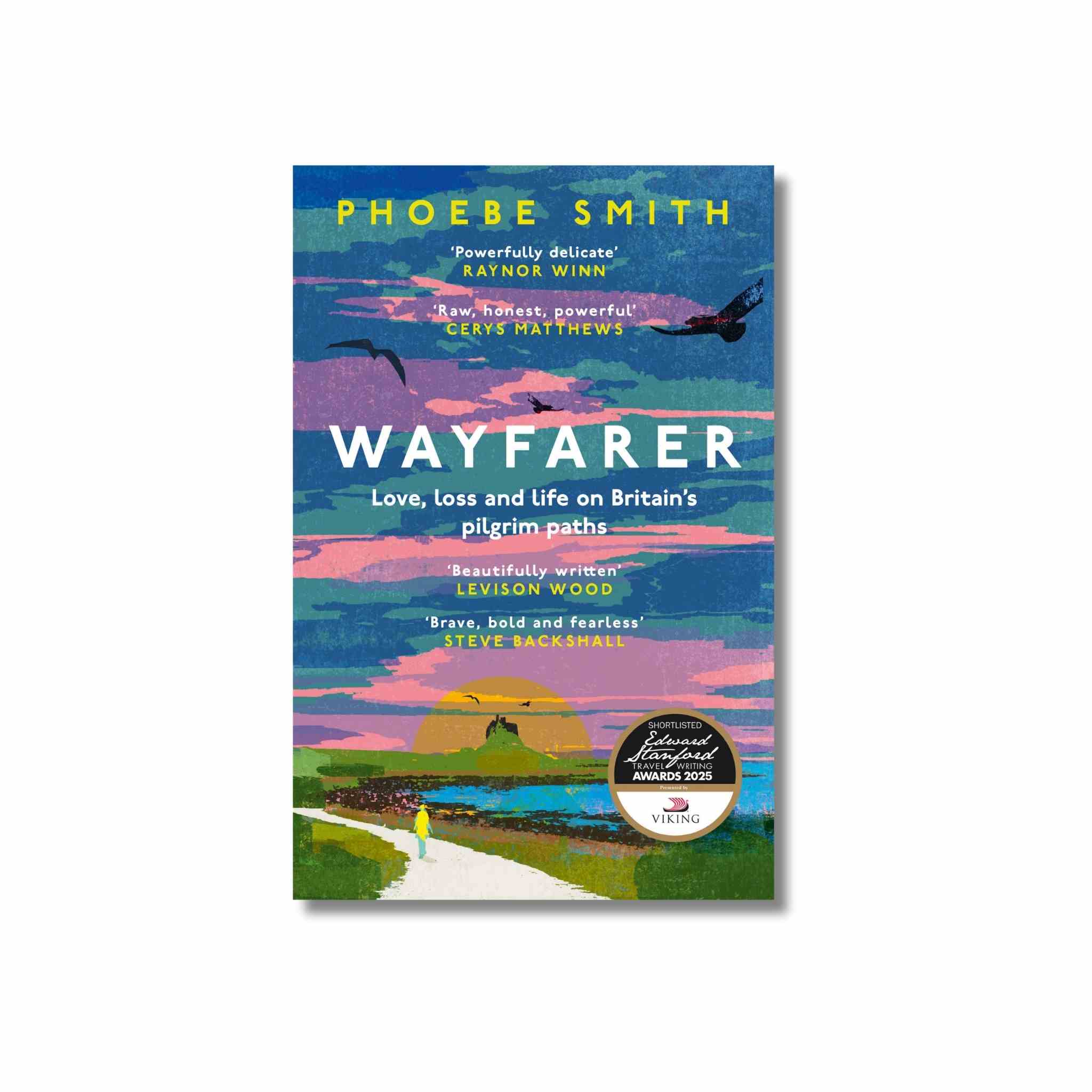 The book cover of 'Wayfarer' by Phoebe Smith, featuring a colorful landscape illustration  