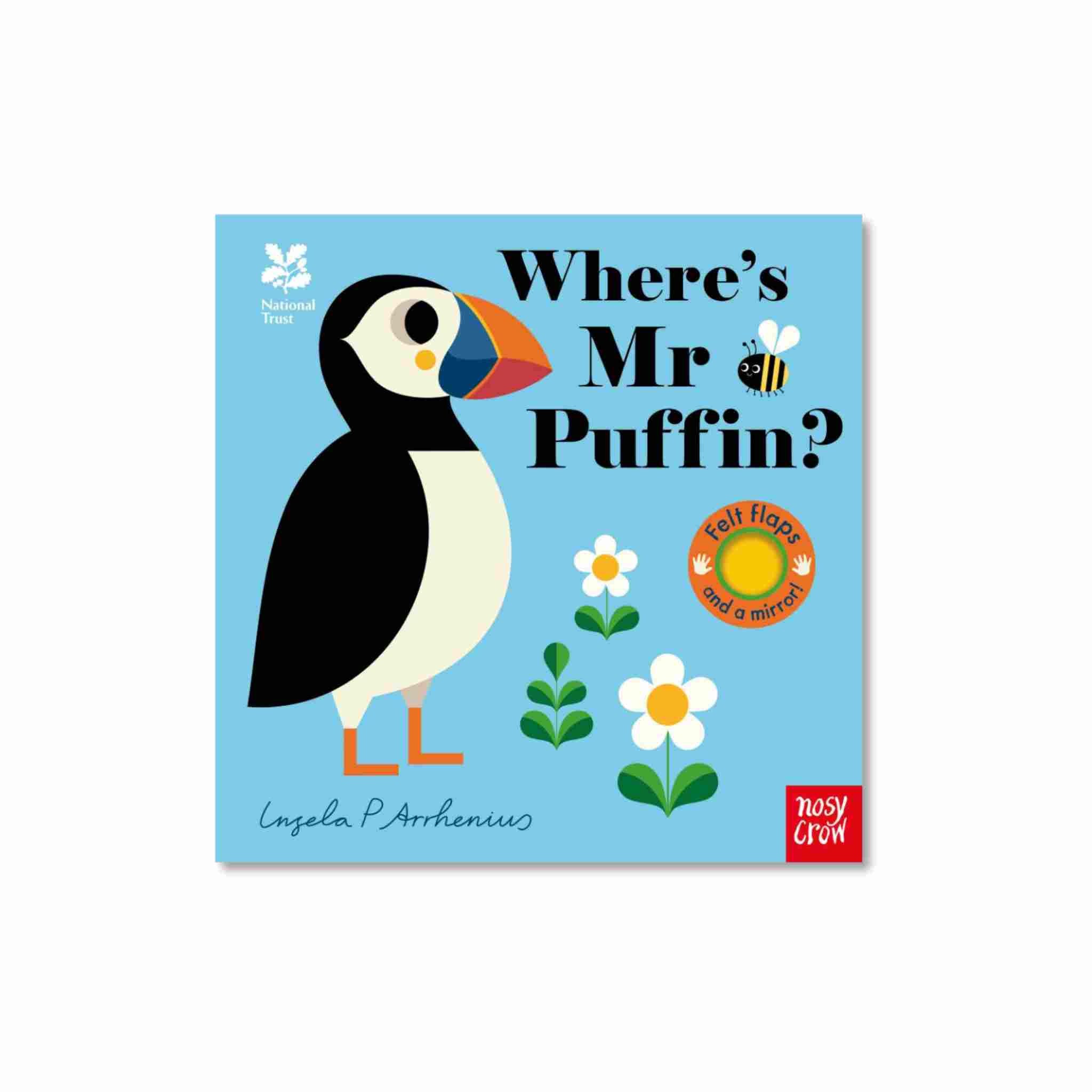 Book cover of 'Where's Mr Puffin?' with a puffin illustration on a blue background