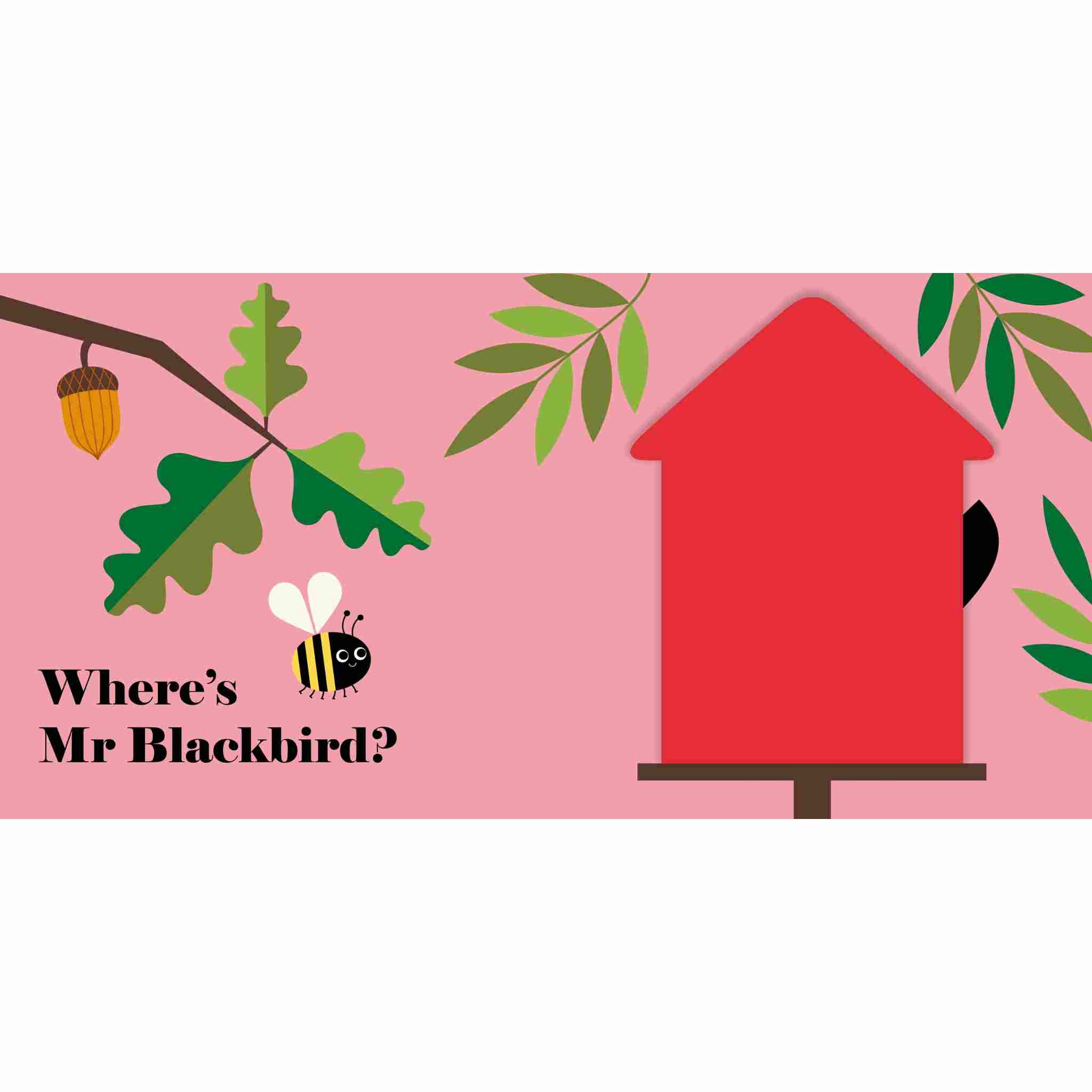 Red birdhouse with a bee and acorn on a pink background