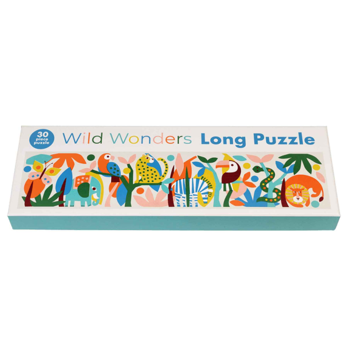 A rectangular jigsaw puzzle box labeled 'Wild Wonders Long Puzzle' with colorful illustrated animals and plants across the top, shown on a plain white background.