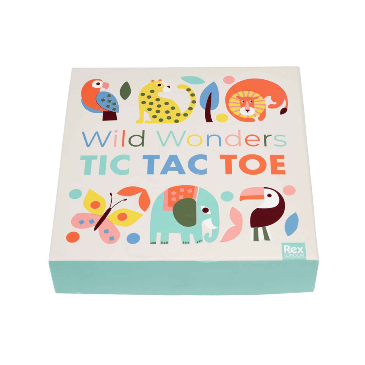 A boxed children's game titled 'Wild Wonders TIC TAC TOE'  The image shows the top of the white box decorated with colorful cartoon animal illustrations
