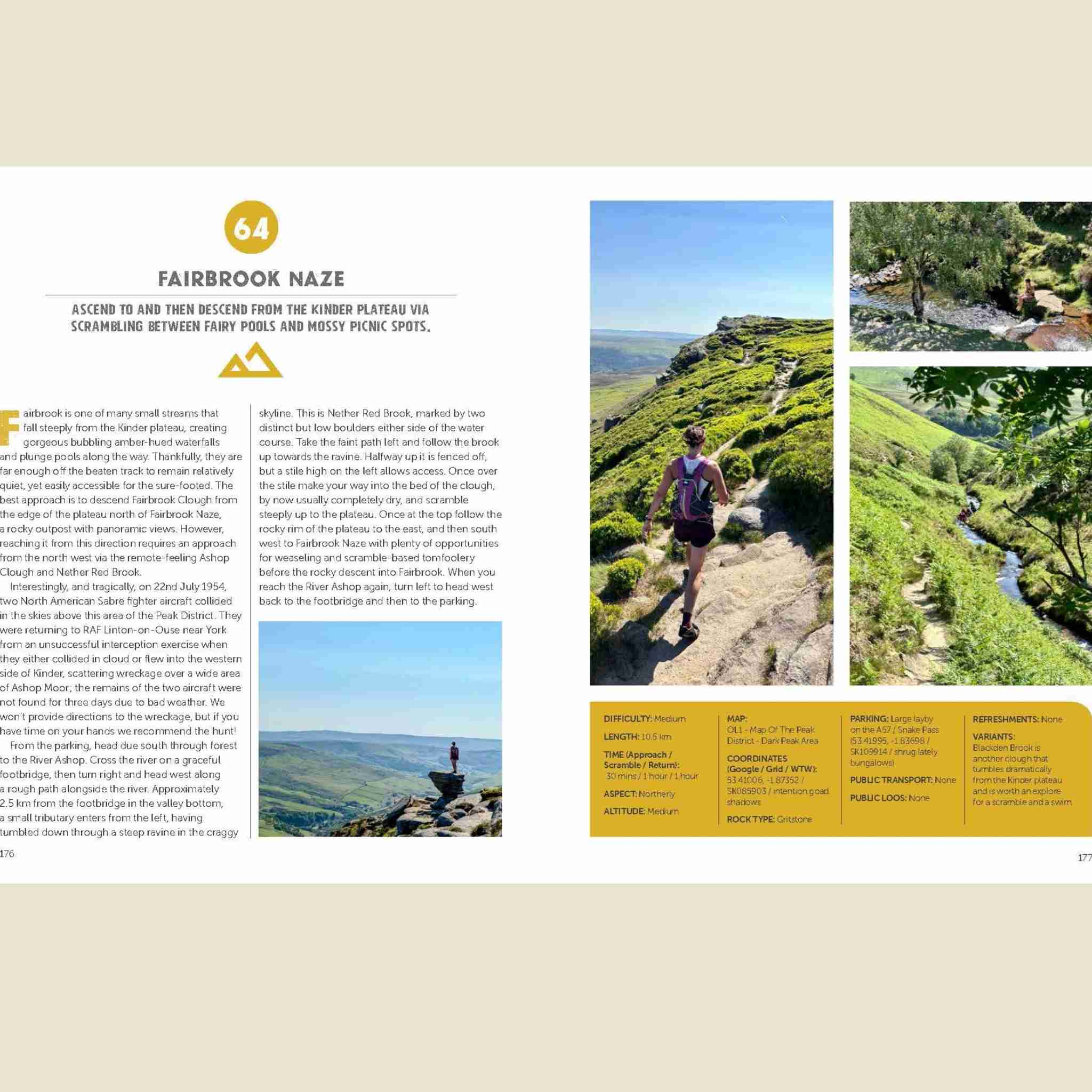 Page from a guidebook featuring hiking trail information with images of a hiker and scenic views.