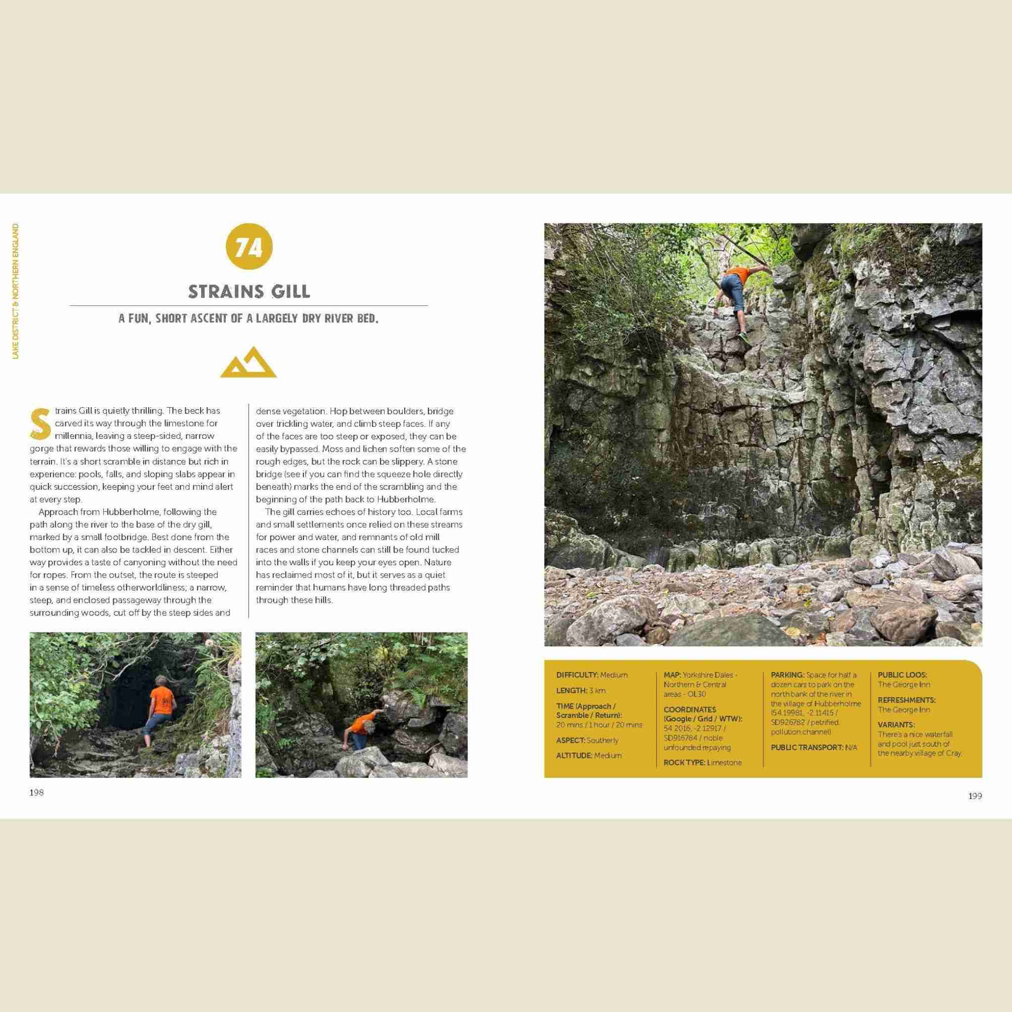 Page from a guidebook showing a person climbing a rocky cliff with text and images on a beige background.