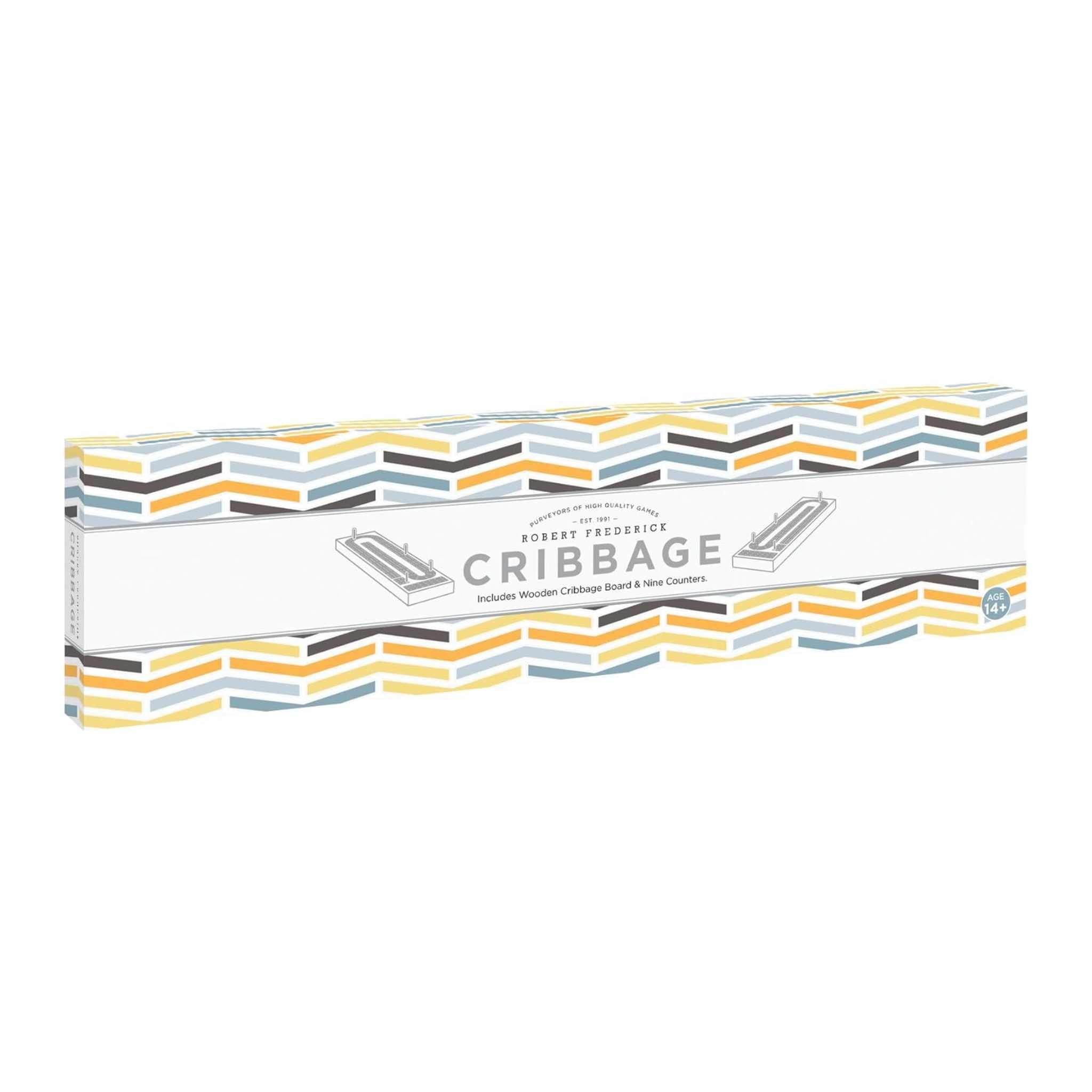 Cribbage board packaging with geometric pattern on a white background