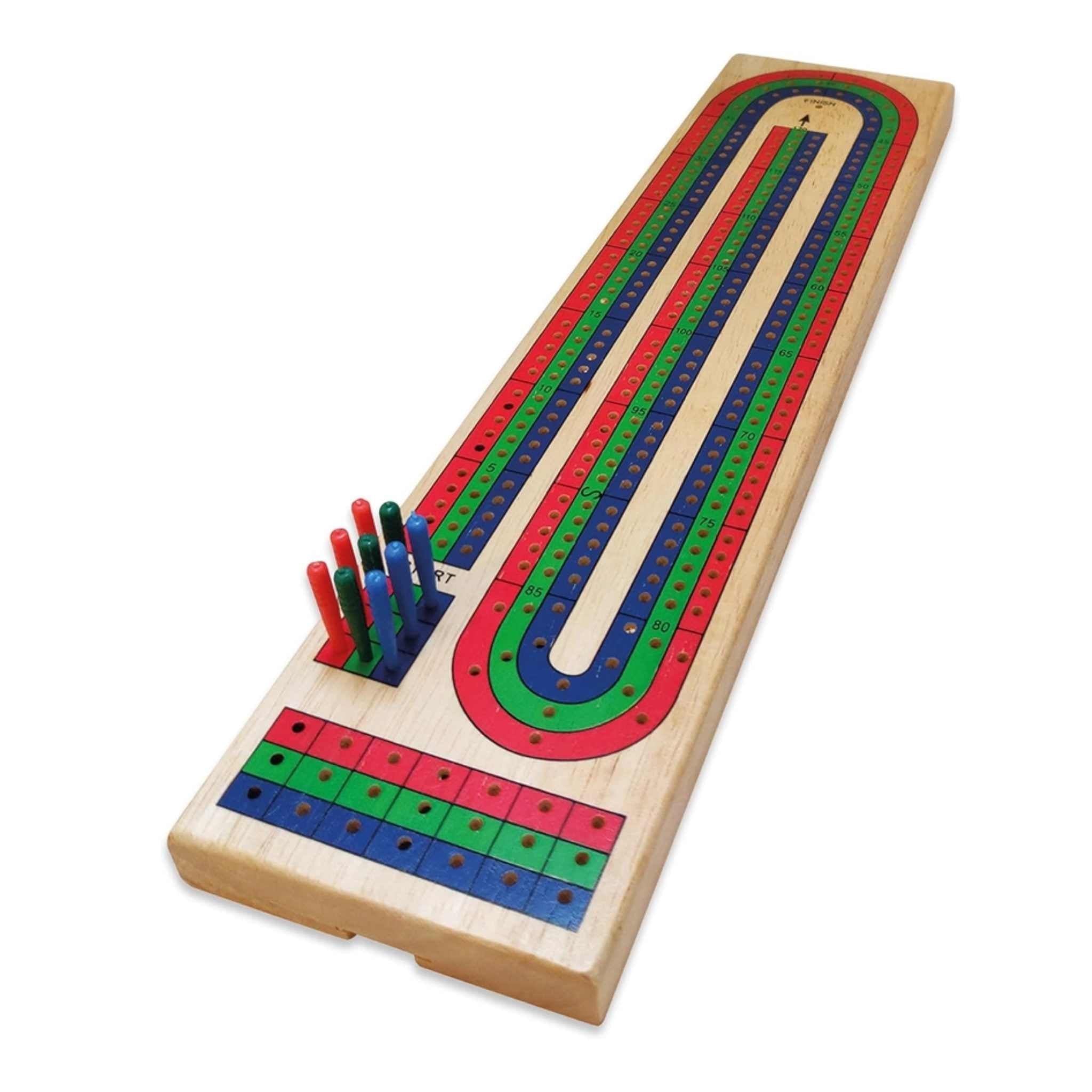 Wooden cribbage board with pegs on a white background