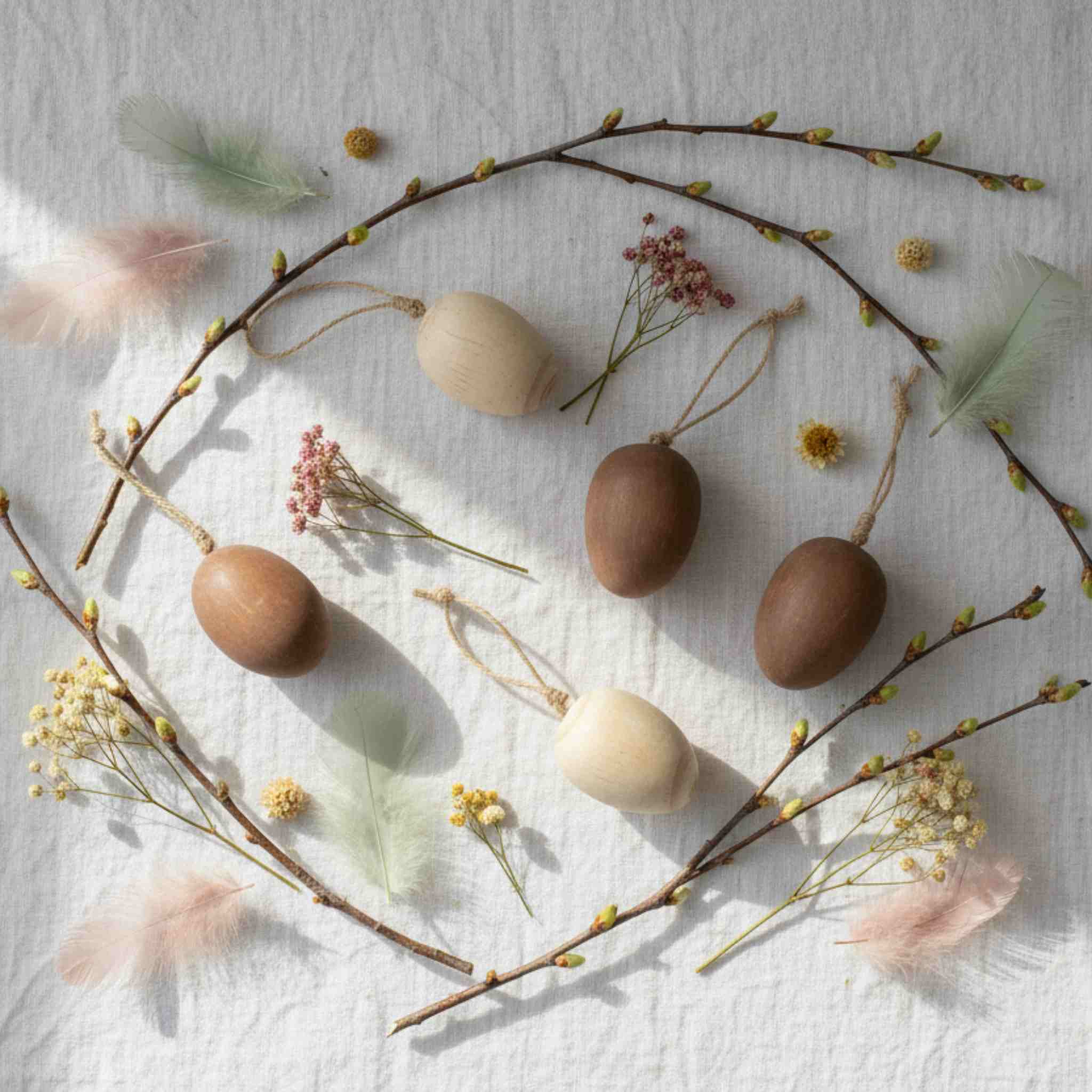 Decorative arrangement of eggs and branches on a textured surface