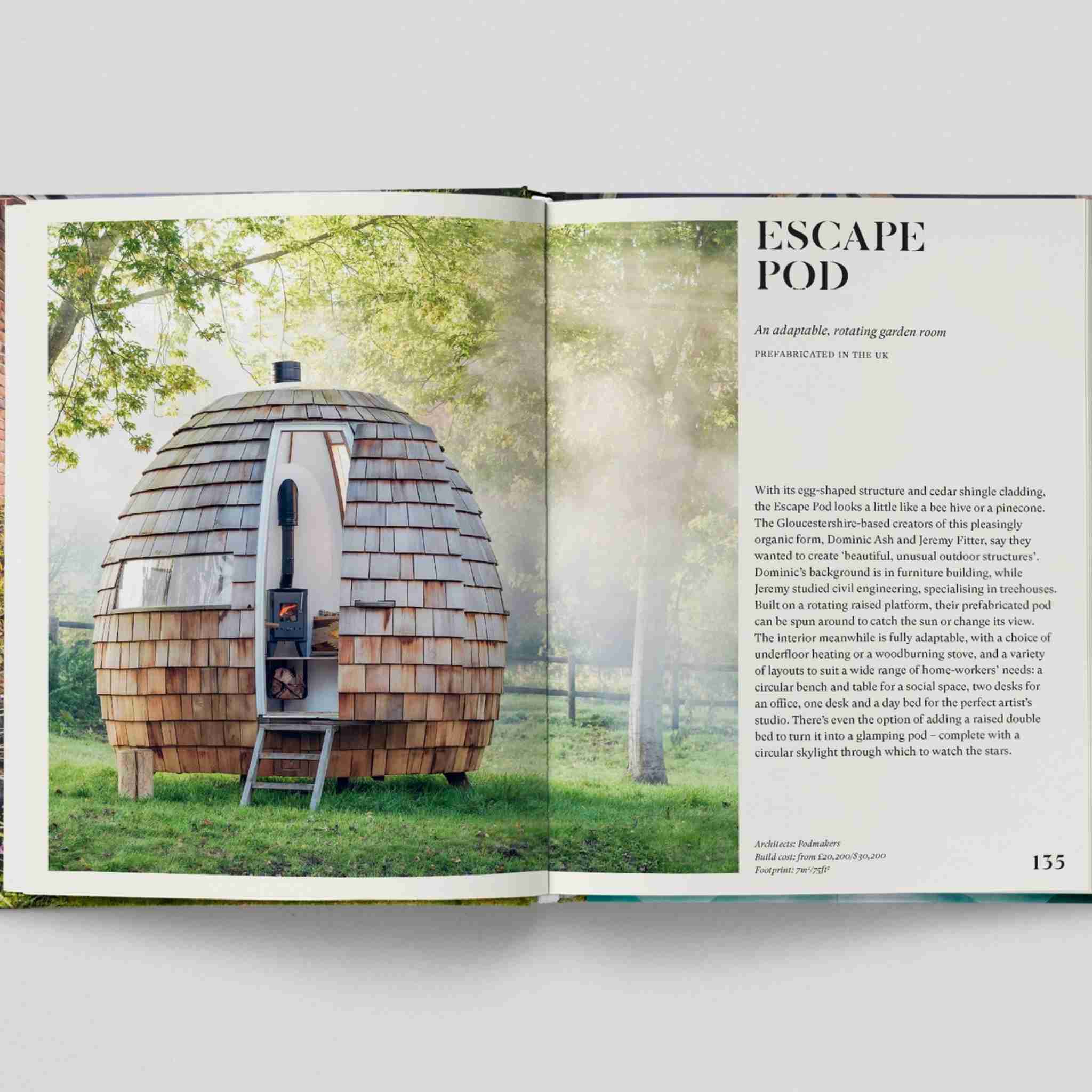 Open book showing an image of a wooden garden pod with text about 'Escape Pod' on a white background.