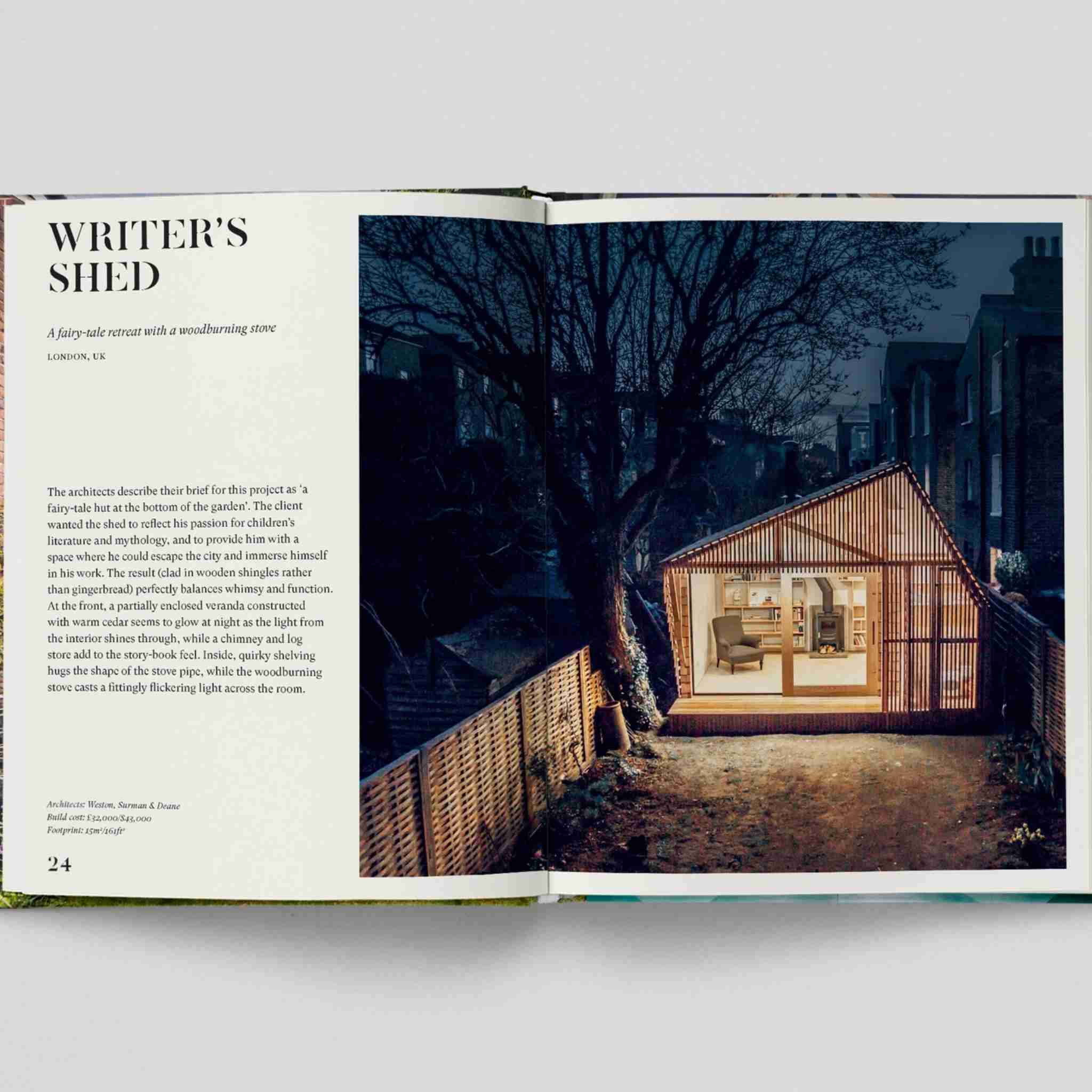 Open book showing a photograph of a small building at night with text on the left page.