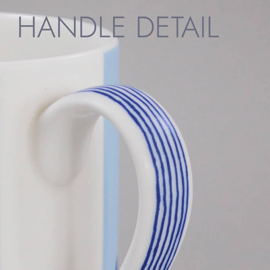 Close-up of a handle with blue stripes on a white background, labeled 'HANDLE DETAIL'.