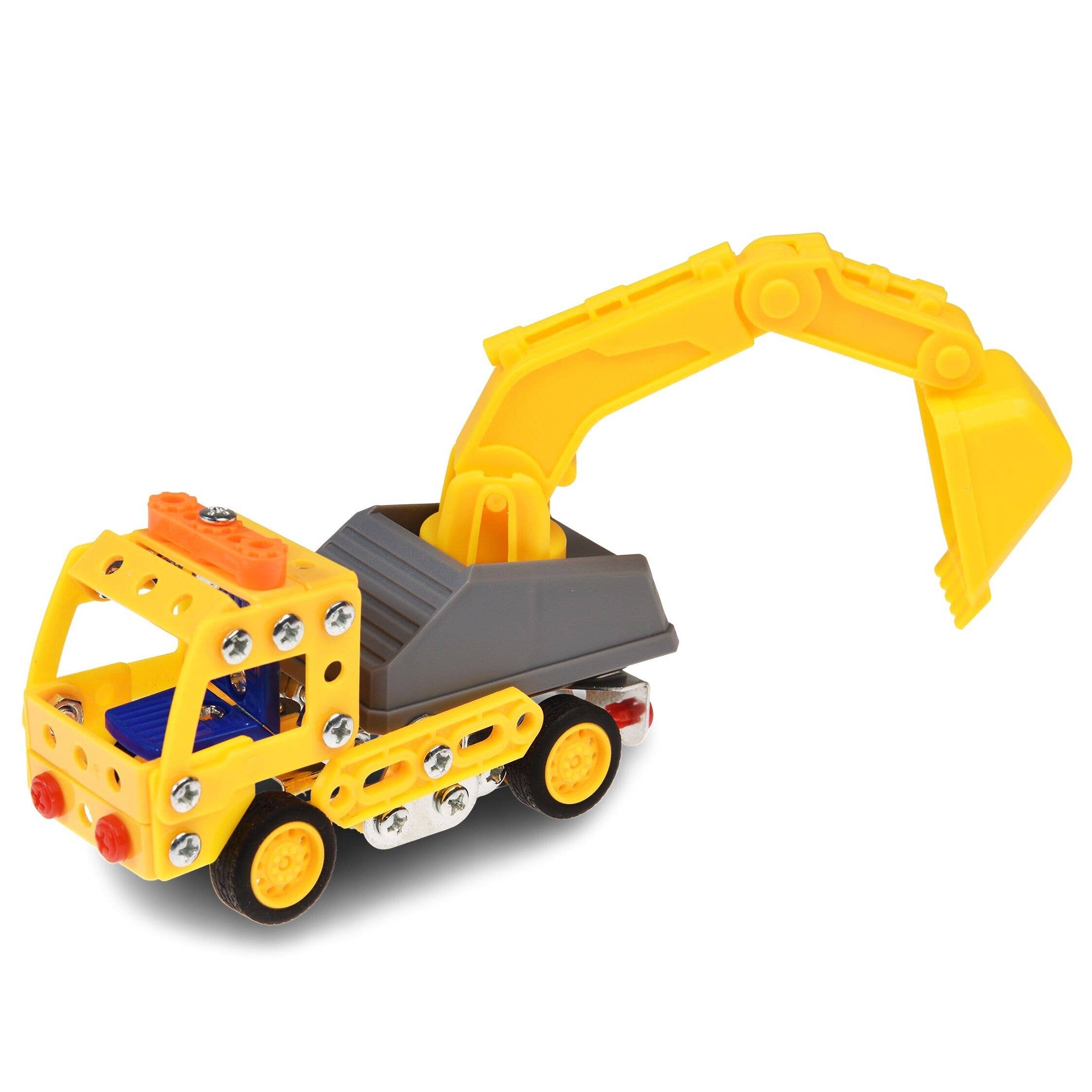 Toy construction vehicle with yellow excavator on a white background
