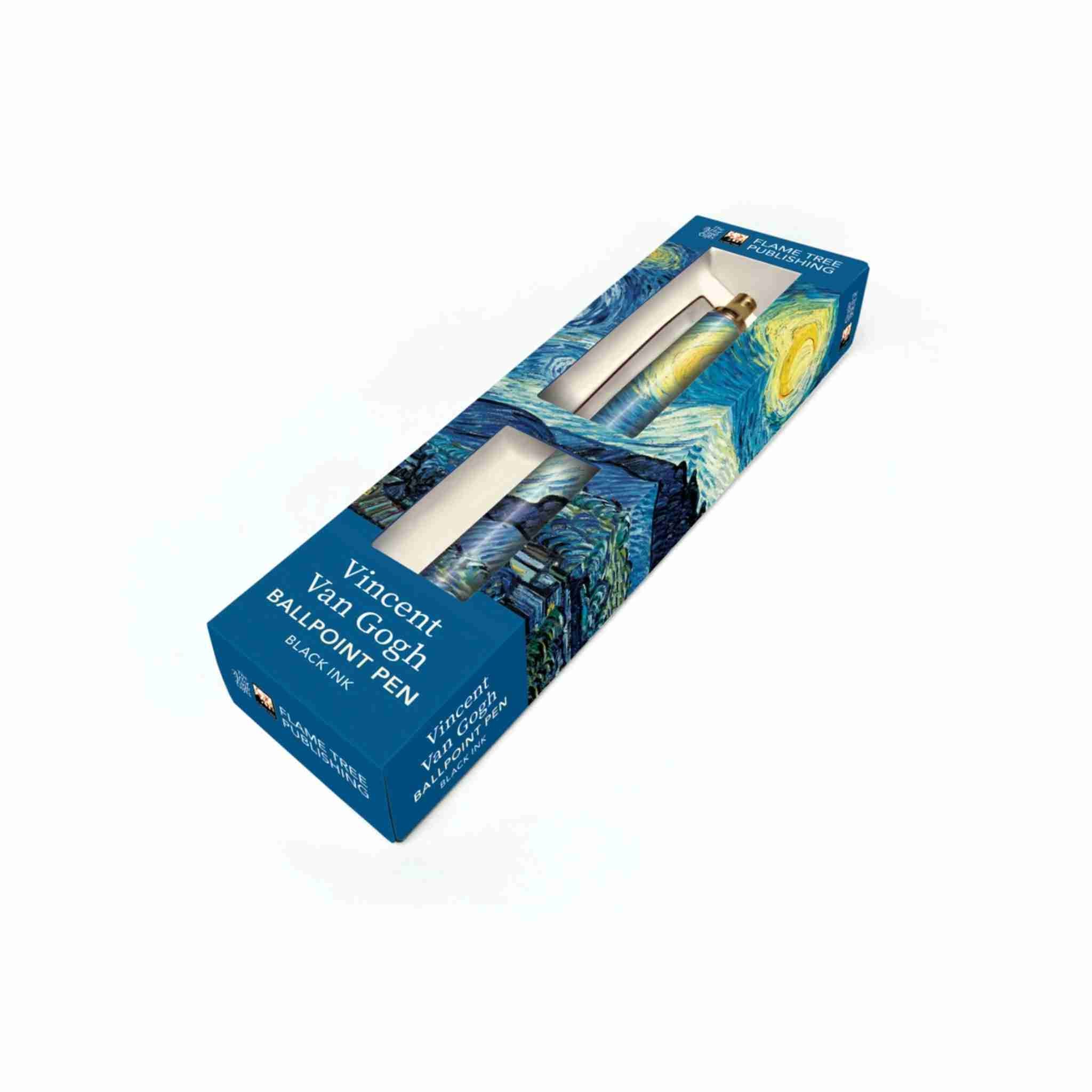Vincent Van Gogh-themed ballpoint pen set in a blue box with artwork on a white background