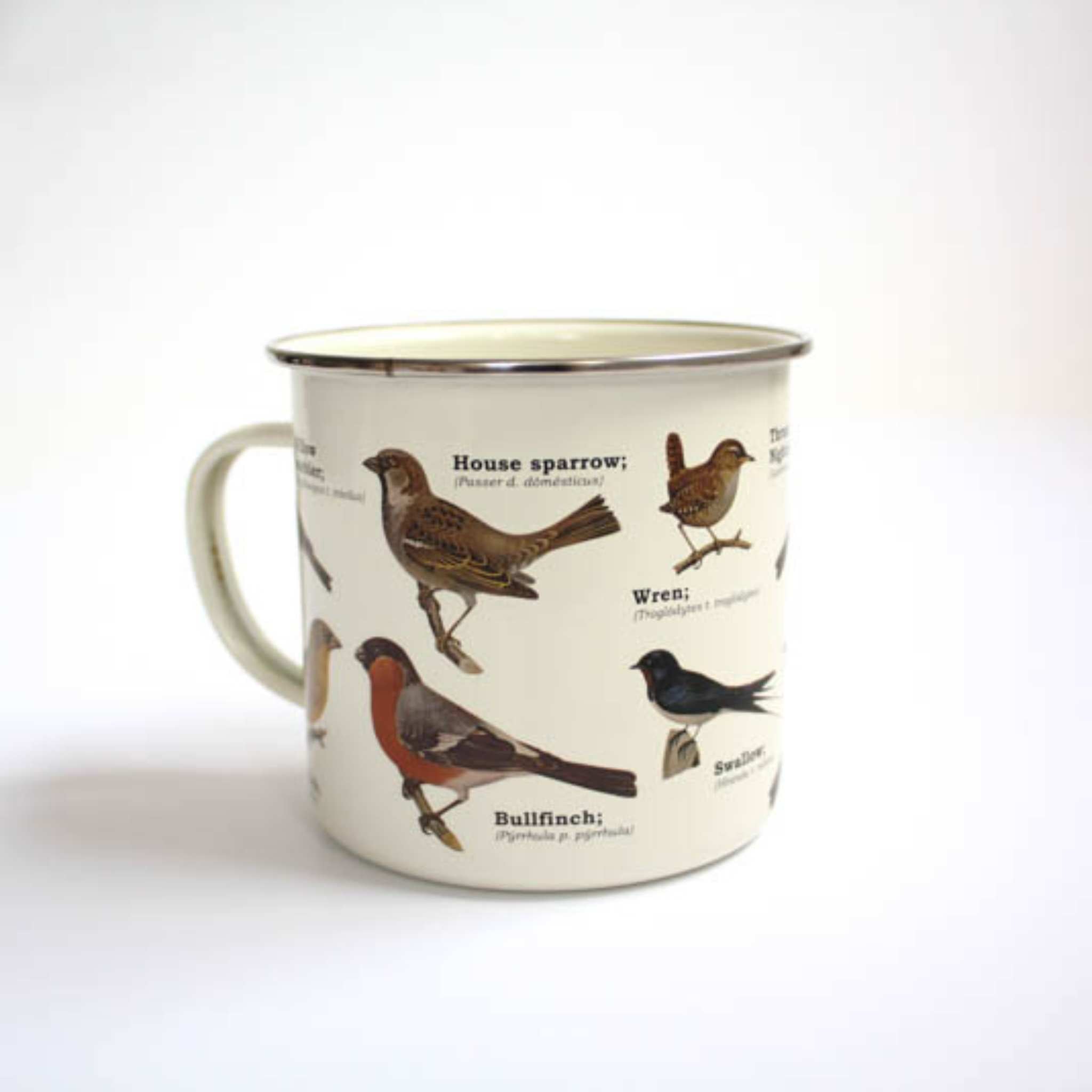 garden birds enamel mug