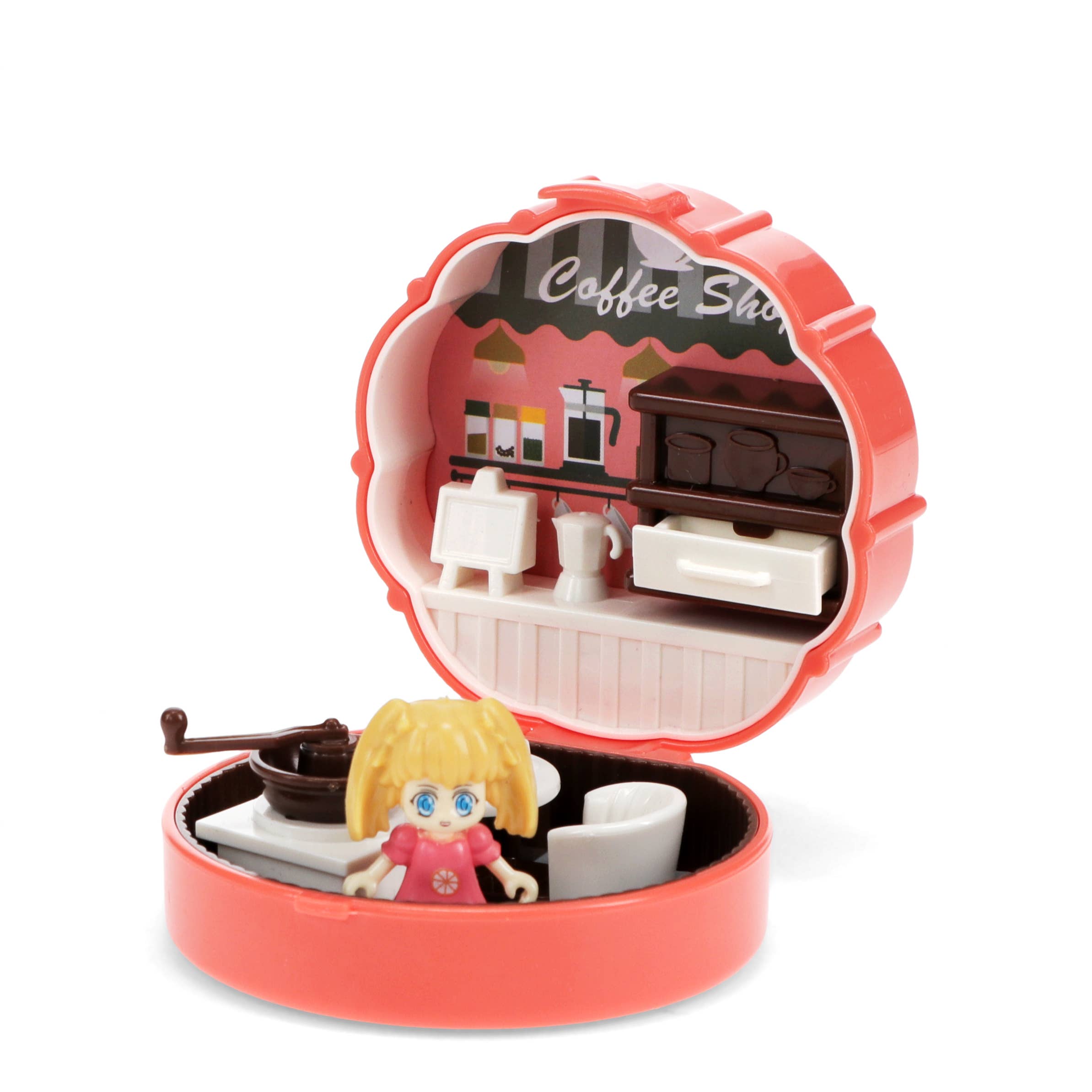 Toy set with a miniature coffee shop scene and a doll inside an open red lid.