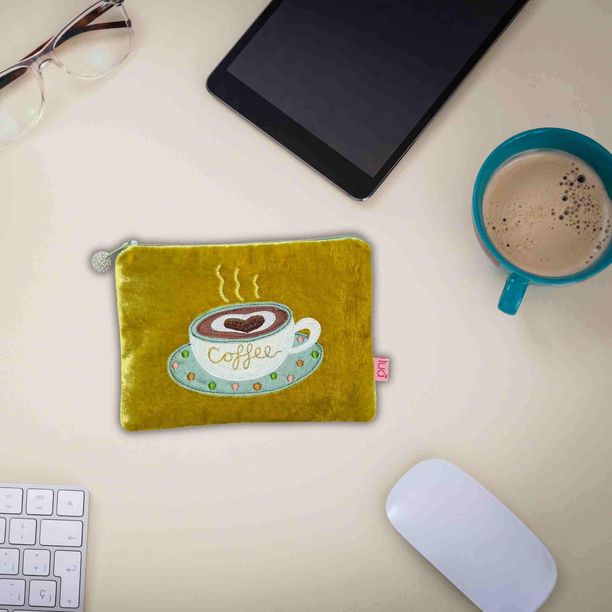 mustard velvet purse with coffee applique