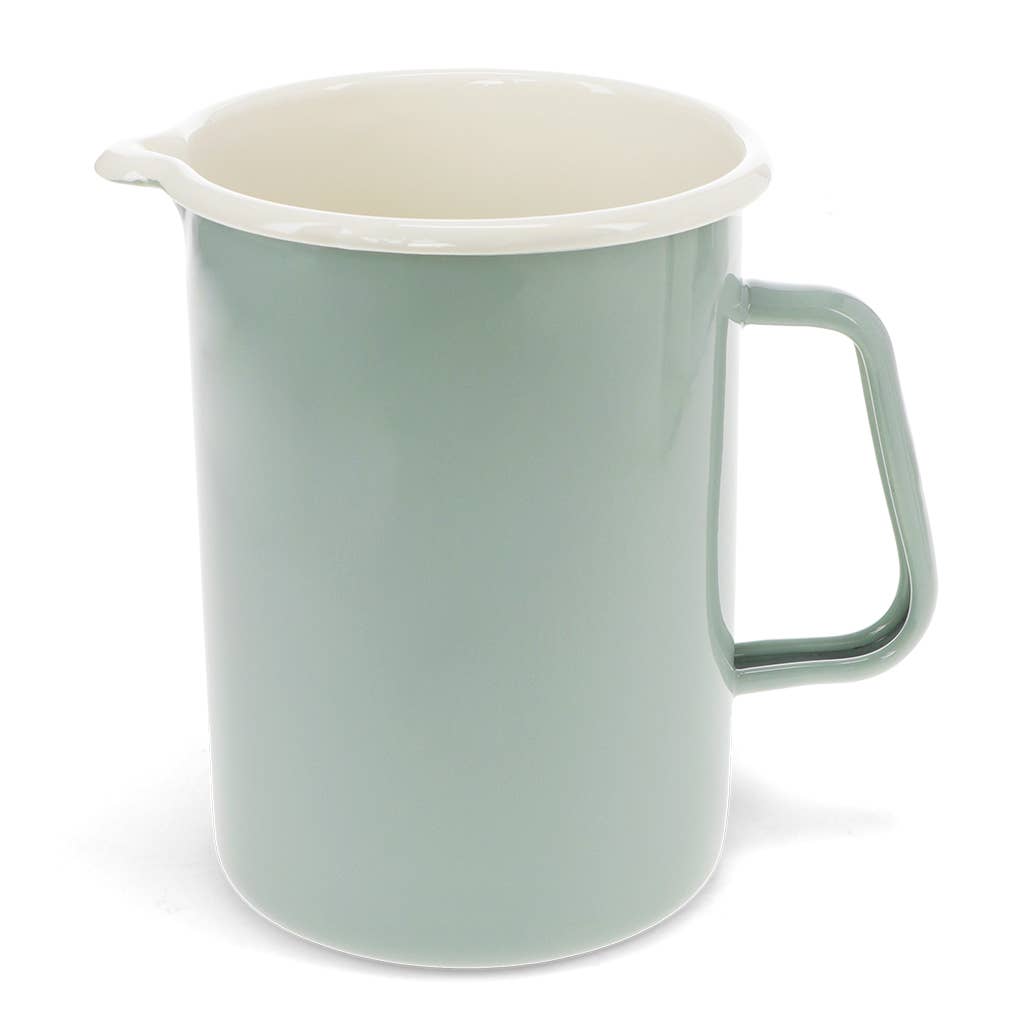 A mint green enamel pitcher with a cream-colored interior and a matching green handle, shown on a white background.