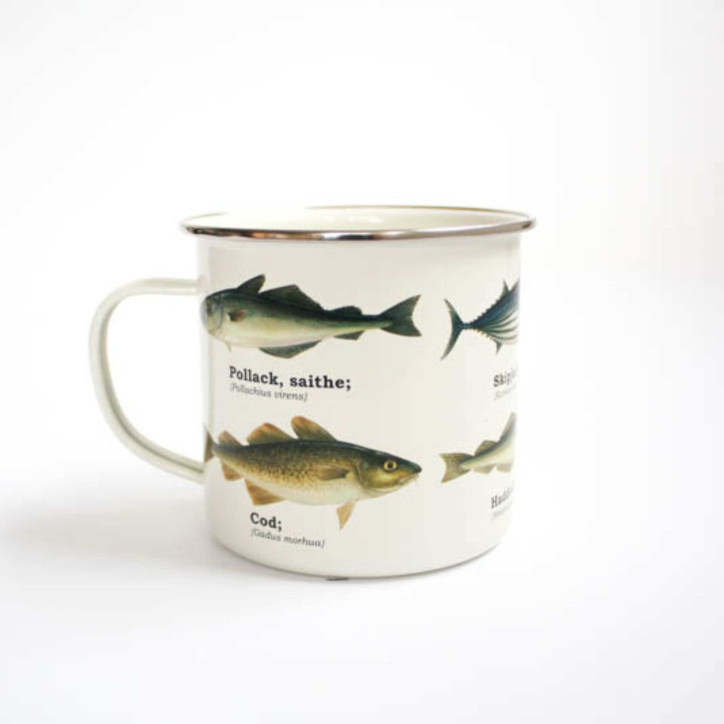 vintage print fish enamel mug