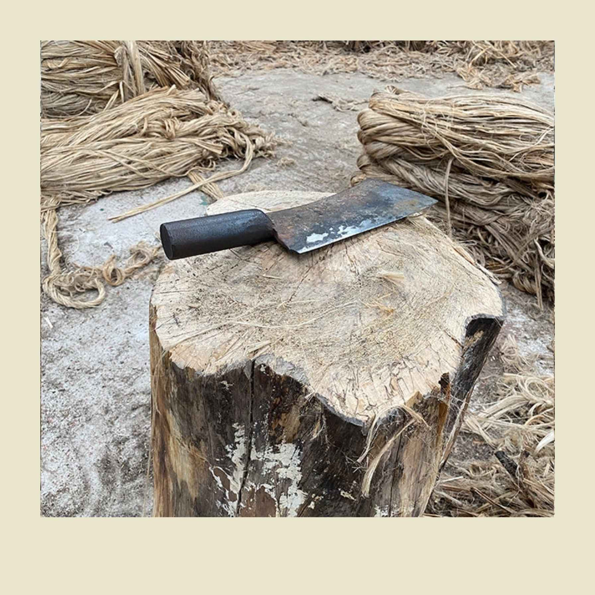 A dark metal cleaver-style knife with a black handle rests on a cut tree stump outdoors, surrounded by dried straw or fiber bundles on a sandy ground.