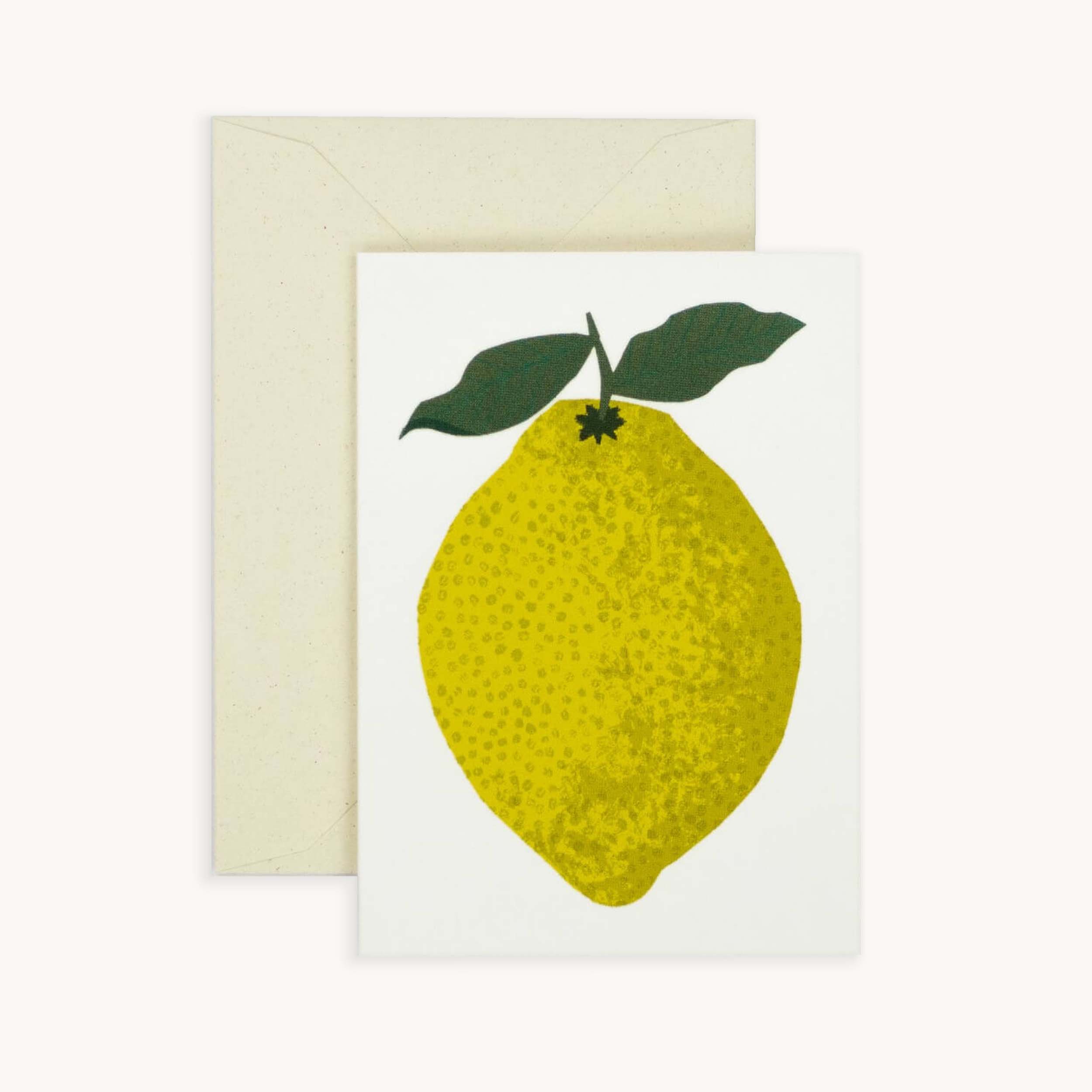 Greeting card with a yellow lemon illustration on a white background