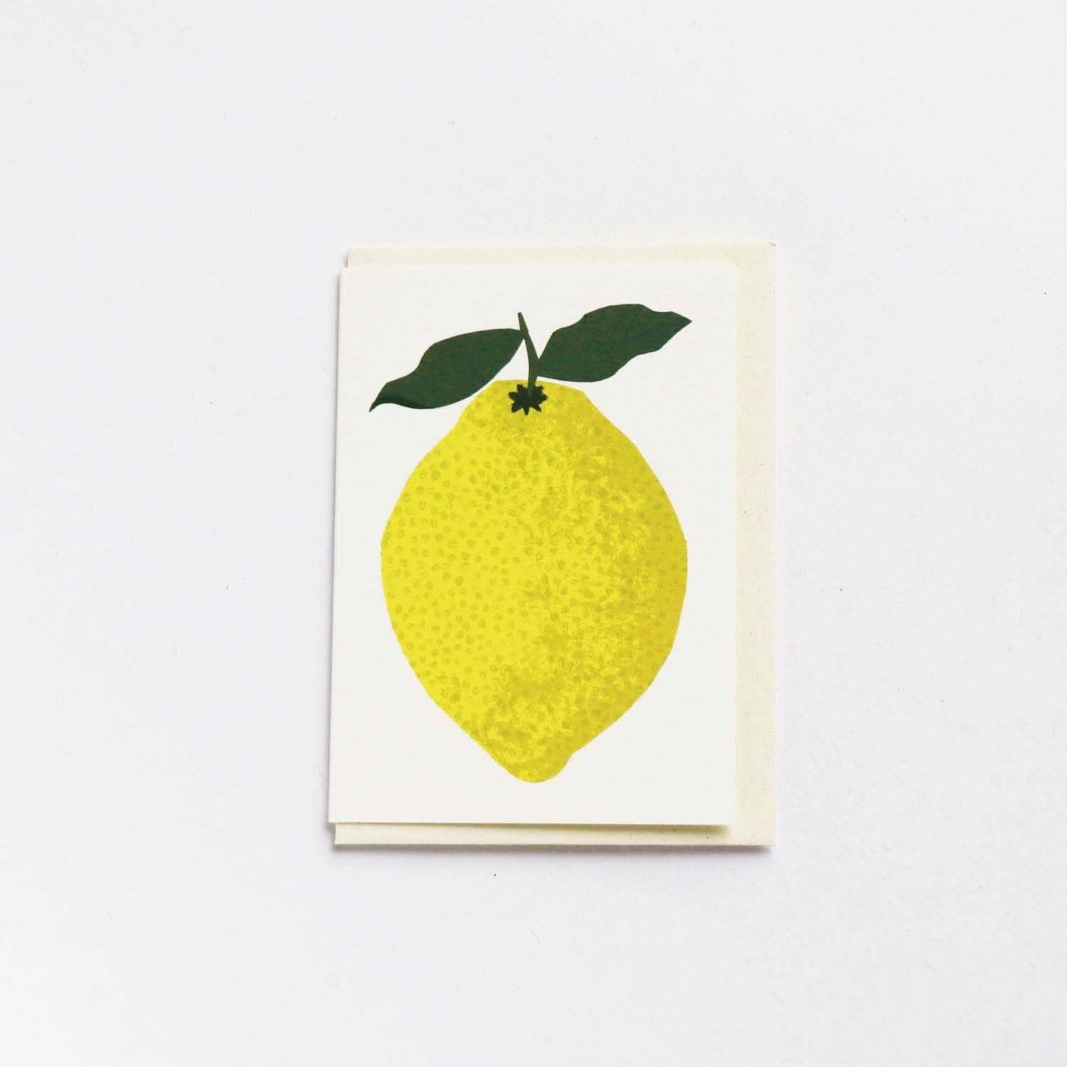 Note card with a yellow lemon illustration on a white background