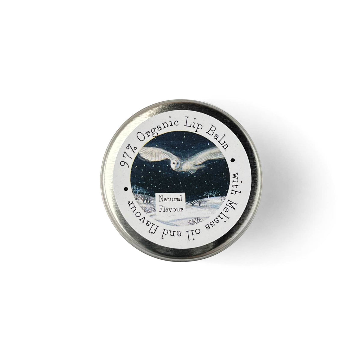 A round metal tin of organic lip balm with a silver lid, featuring a label with an owl illustration and the text '97% Organic Lip Balm