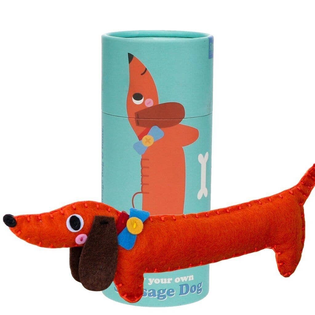 Red dachshund dog toy with a blue cylindrical packaging featuring a dachshund illustration.