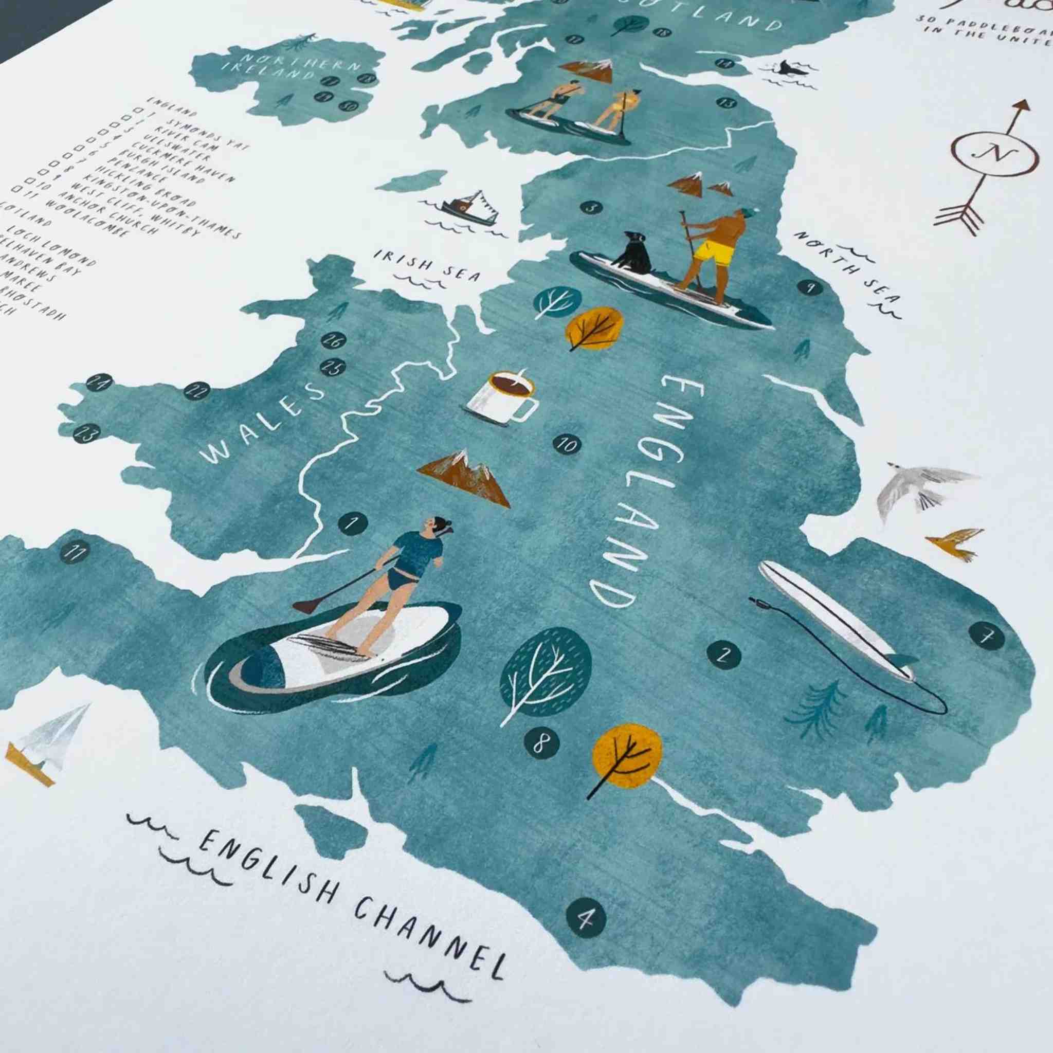 Great British Paddle Print - Illustrated Map & Wooden Frame