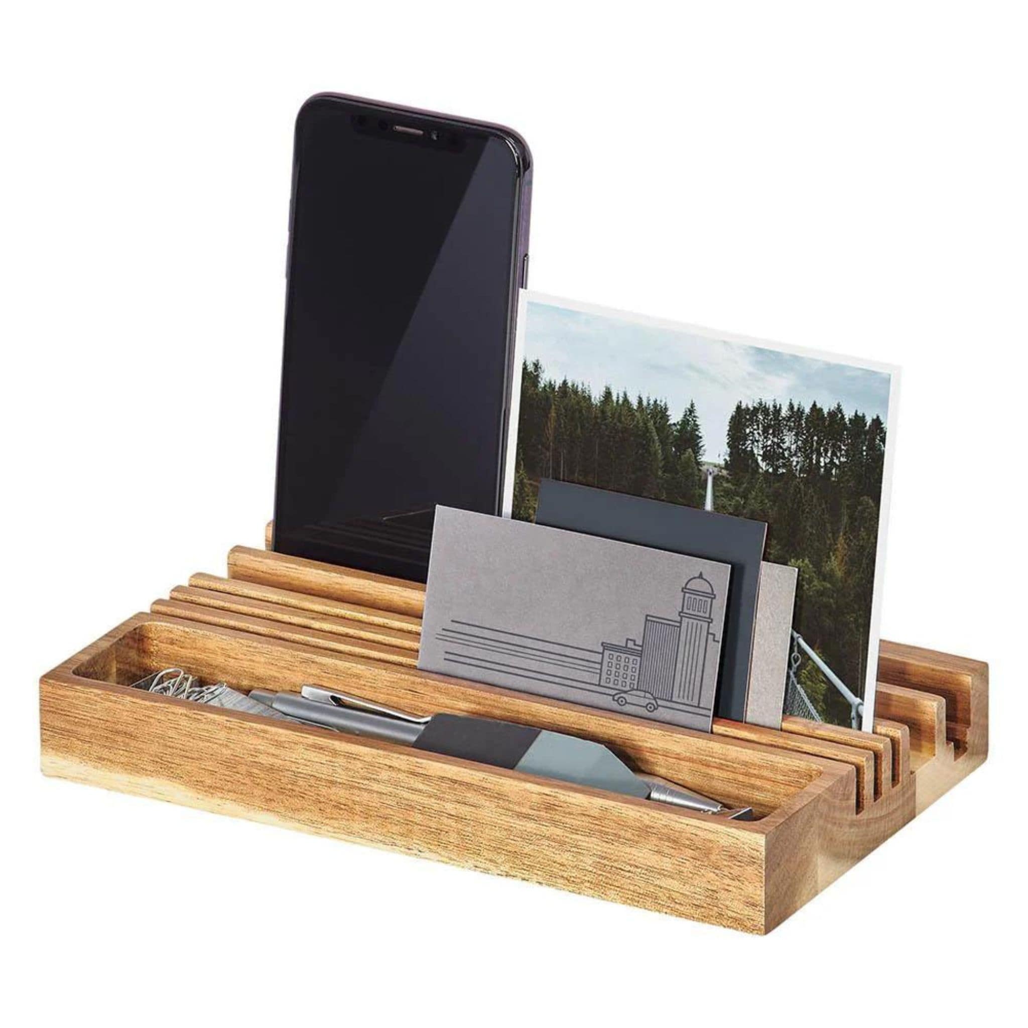 wooden desk organiser with phone stand