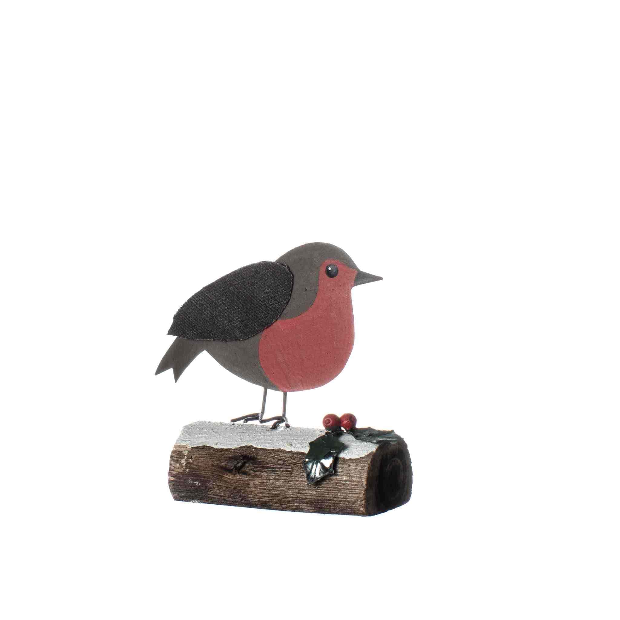 Robin on log christmas decoration