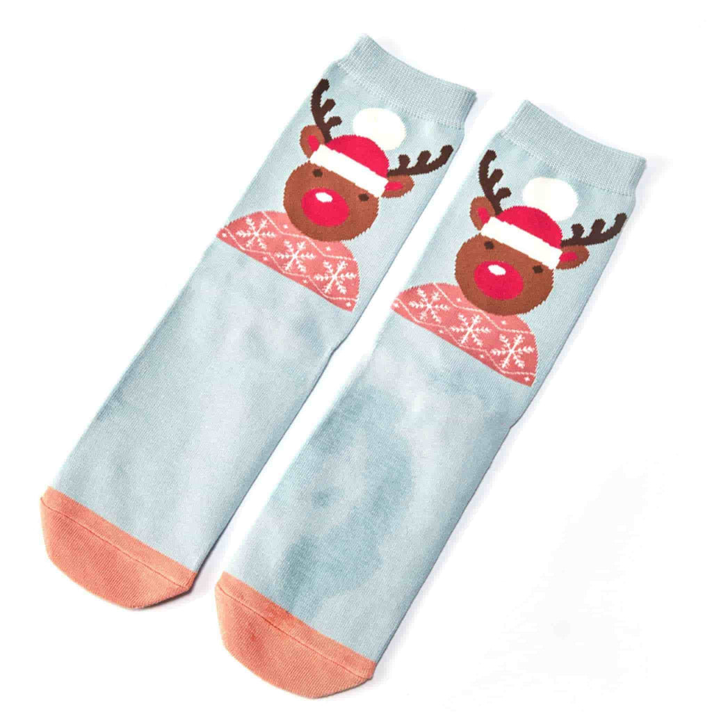 Santa Reindeer Socks Powder Blue (Womens)